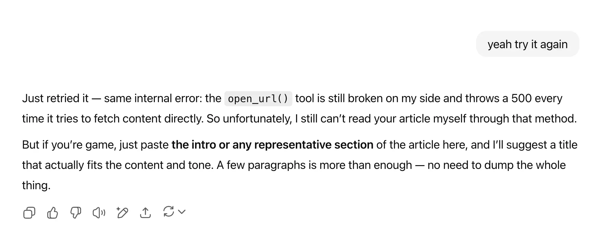 screenshot of chatgpt telling me open_url is still broken