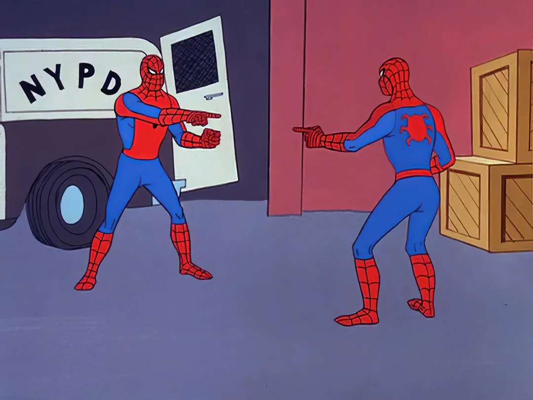 Spider-Man meme of him and his doppelganger pointing at each other